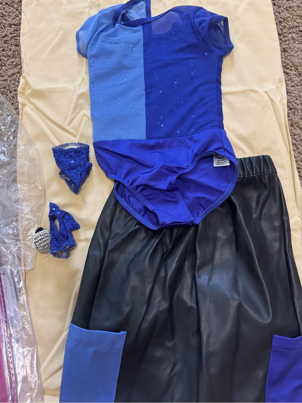 Weissman Blue Two-Tone Sparkle Leotard with Black Faux-Leather Skirt
